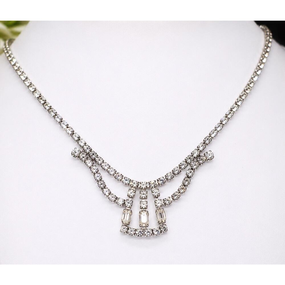 VtG 1950s Crystal Collar Necklace Baguette Rhinestone Silver Bridal Festoon MCM